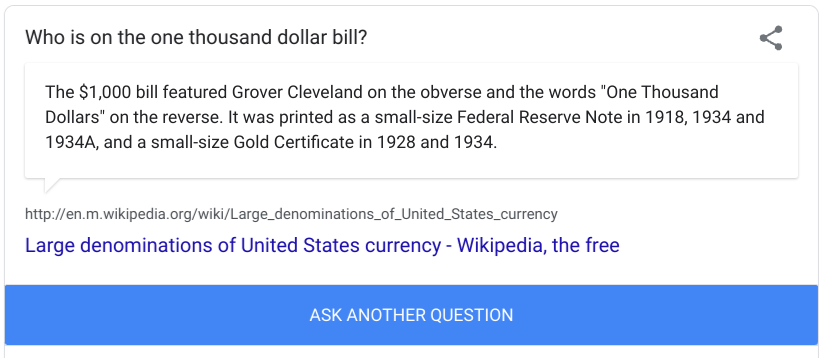 I'm feeling Curious question #5

Who is on the one thousand dollar bill?

Answer:
Grover Cleveland