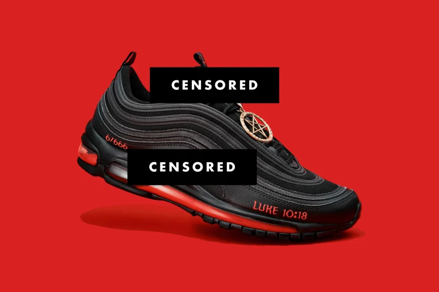 MSCHF's Satan Shoe with the Nike labels censored.