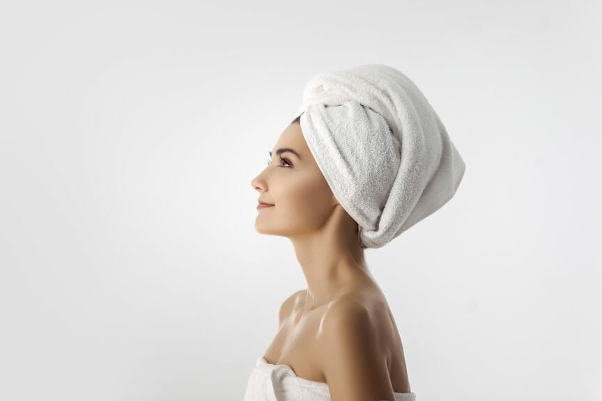 Woman with towel on her hair.