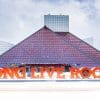 The Rock and Roll Hall of Fame Museum, with a sign that says "Long Live Rock" in front.