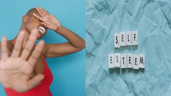 The image is spliced in half. On the left side we have a woman holding her hand over her eyes and pushing the viewer away with the other hand. On the right we have scrabble letters spelling out the word self-esteem.