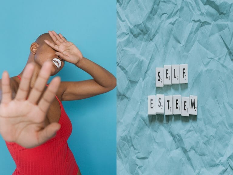 The image is spliced in half. On the left side we have a woman holding her hand over her eyes and pushing the viewer away with the other hand. On the right we have scrabble letters spelling out the word self-esteem.
