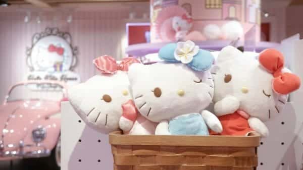 Hello Kitty plushies in a basket.