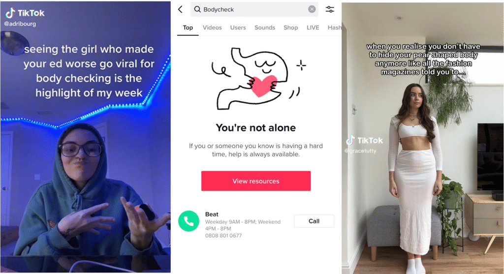 The image has three screenshots from TikToks - the first on the left is complaining about influencers bodychecking; the middle image is showing that TikTok bans 'bodychecking' and 'thinspo' from being searched; the last image is a body positivity creator celebrating her body