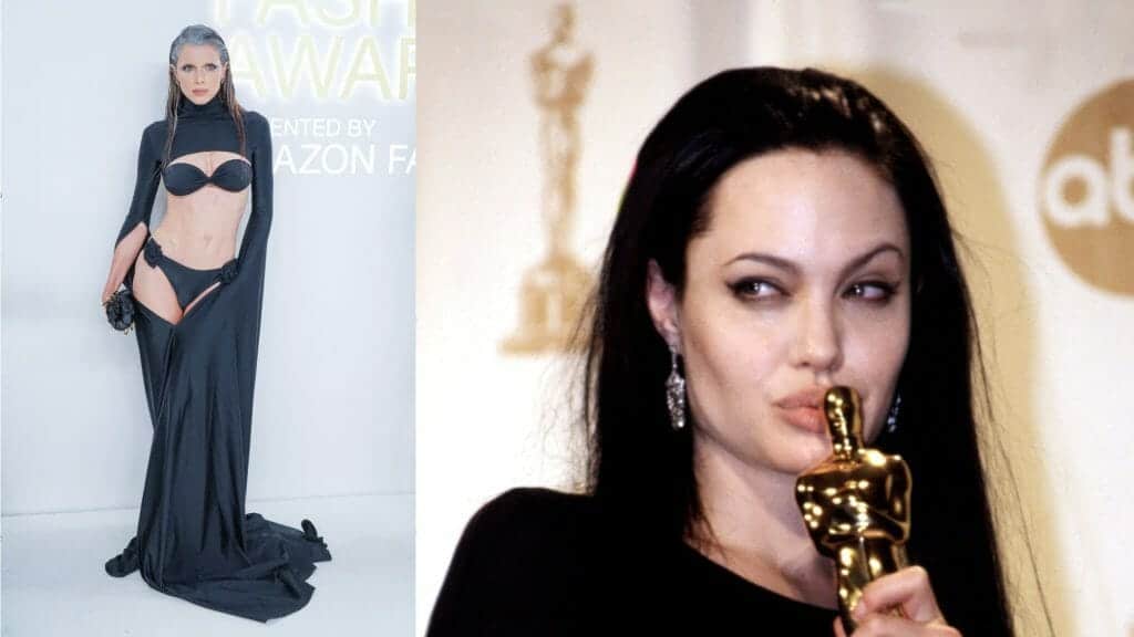 On the left Julia Fox at the CFDA Fashion awards 2022. On the right, Angelina Jolie kissing her Academy Award in 2000 