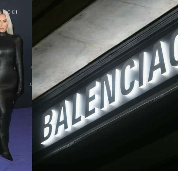 Kim Kardashian wearing Balenciaga at LAMCA Art and Film Gala in 2022. Balenciaga logo at their store in Milan