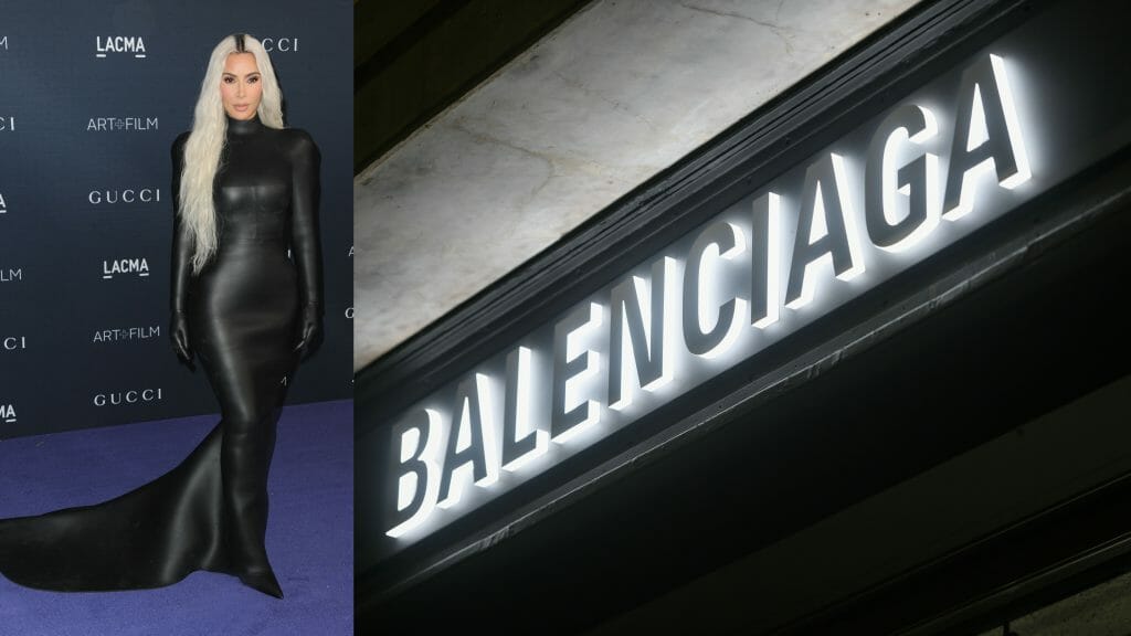 Kim Kardashian wearing Balenciaga at LAMCA Art and Film Gala in 2022. Balenciaga logo at their store in Milan