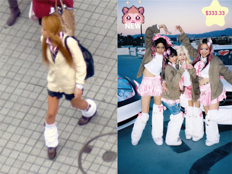 A girl dressed in kogyaru style next to an image of HelloAngelGirl's GAL* collection.