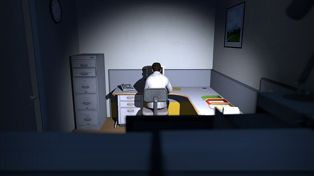 Screenshot from The Stanley Parable video game with Stanley sitting at his desk in an empty and dark room.