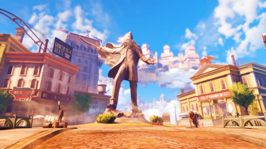 Screenshot from the video game Bioshock Infinite featuring statue of Zachary Hale Comstock in a floating city with clouds.