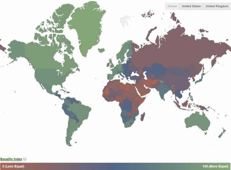 Equality range for homosexuality and same sex couples. Thailand has a 52% of acceptance and equality.