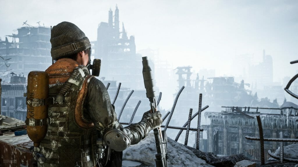 Photo of character from the video game Metro Exodus facing outward into a cloudy, post-apocalyptic city with dilapidated buildings.