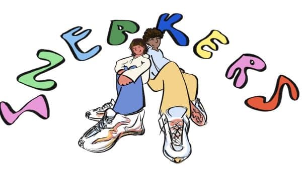 Two people wearing sneakers with the words sneakers arching over.