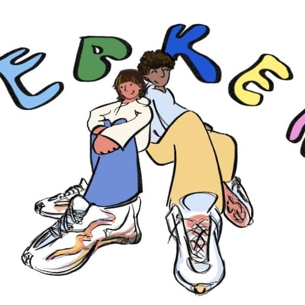 Two people wearing sneakers with the words sneakers arching over.
