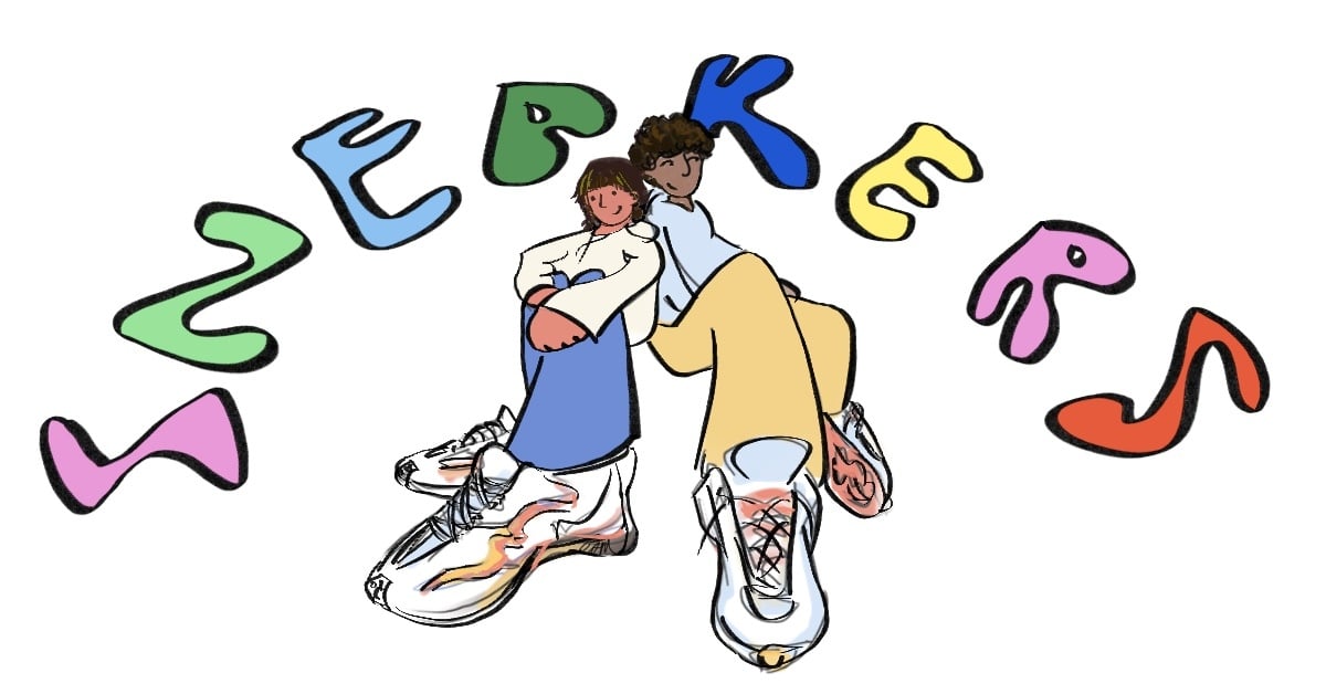 Two people wearing sneakers with the words sneakers arching over.