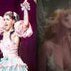 To the left, Melanie Martinez as Cry Baby. To the right, Melanie Martinez as the pink fairy creature.