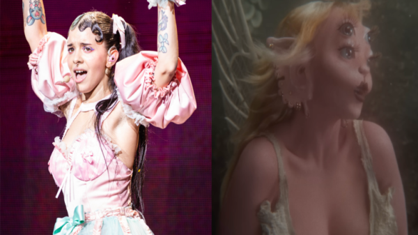 To the left, Melanie Martinez as Cry Baby. To the right, Melanie Martinez as the pink fairy creature.