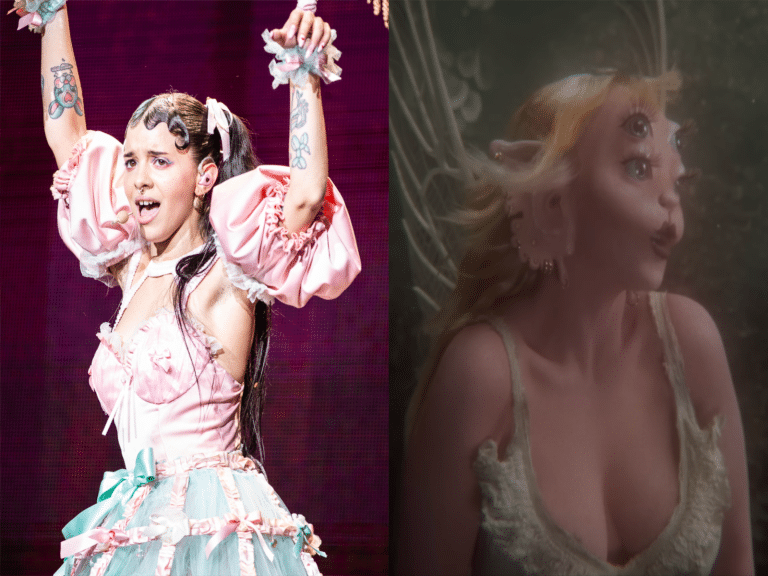 To the left, Melanie Martinez as Cry Baby. To the right, Melanie Martinez as the pink fairy creature.