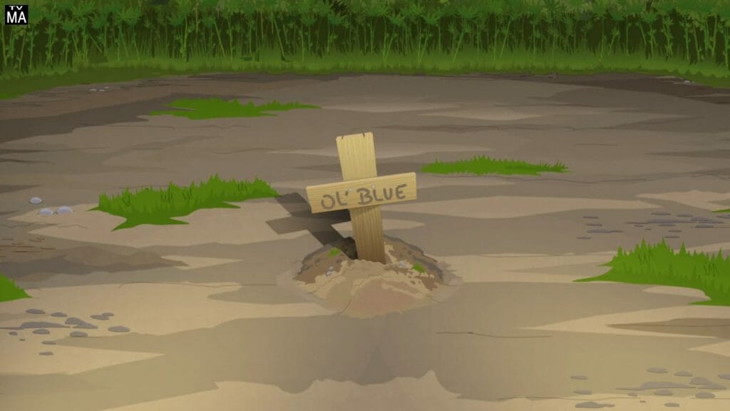 A grave for Randy's old blue toilet