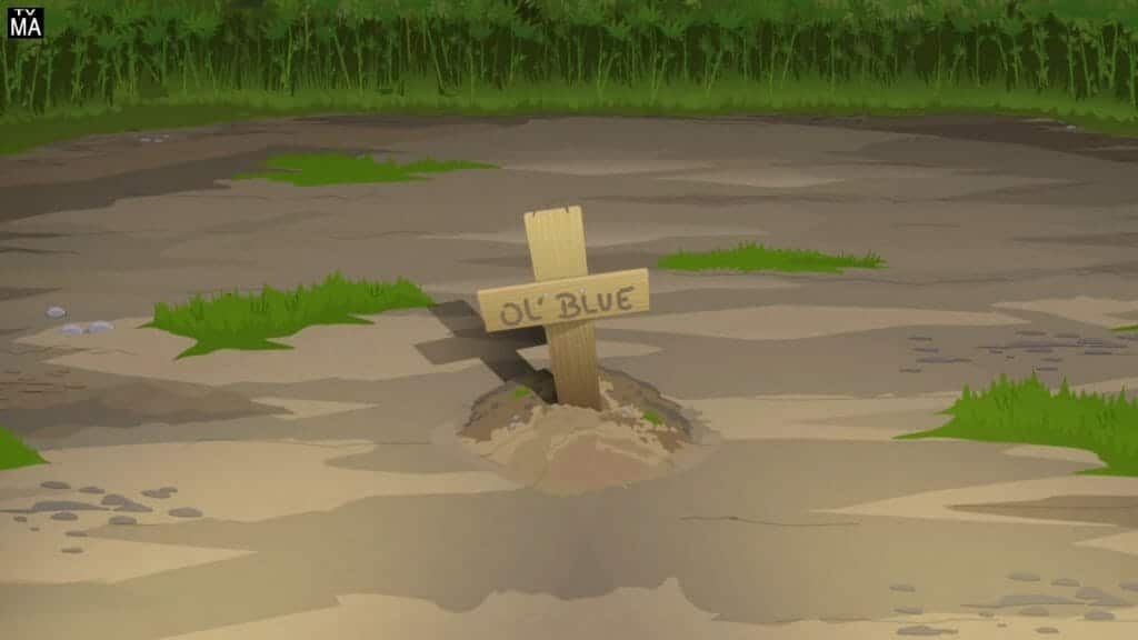 A grave for Randy's old blue toilet