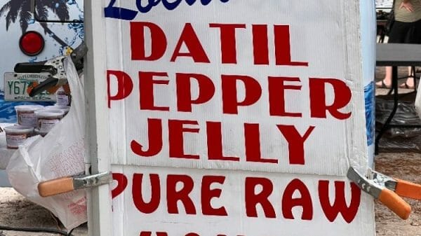 Image of a sign that reads local datil pepper jelly pure raw honey.