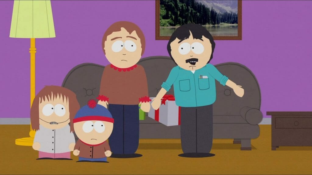 (Left-to-right)
Shelly, Stand, Sharon, and Randy Marsh talking in their living room.