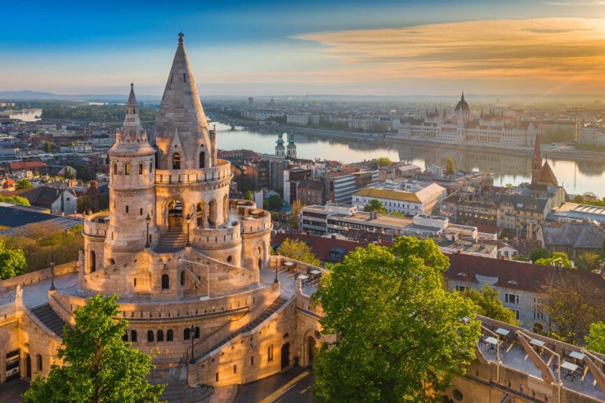 Budapest, Hungary city area with river in the background.