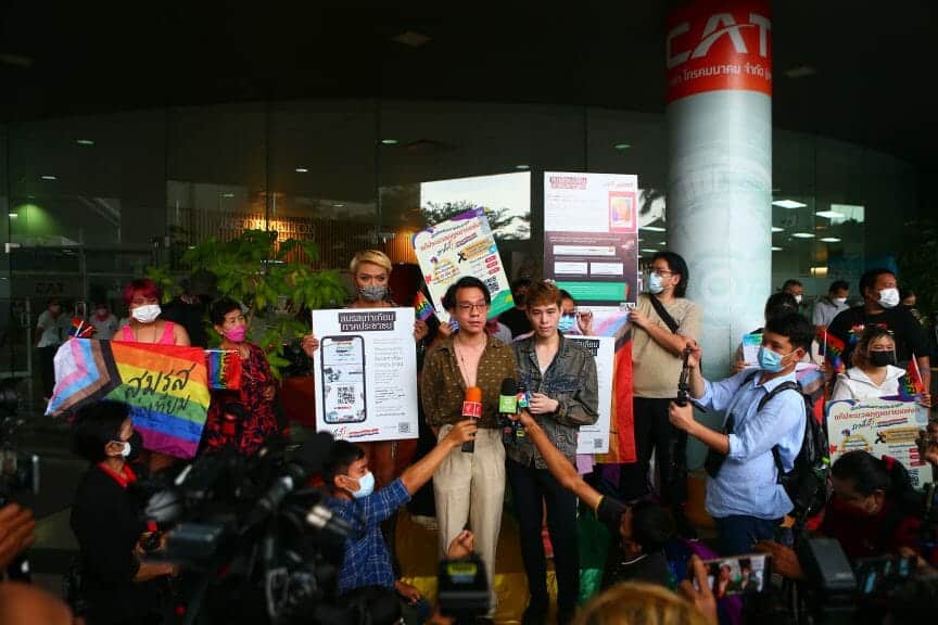 On February 14th, 2022, in Bangkok, Thailand, Fah and LGBTQ activists went to the CAT building to register for marriage and showcase a sign promoting the campaign for same-sex marriage.