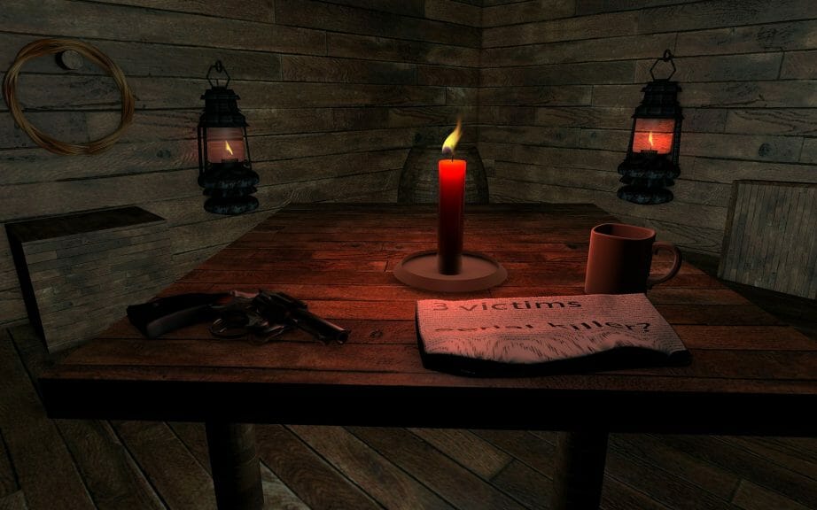 Screenshot from Amnesia: The Dark Descent of table with candle, gun, and newspaper in low light.