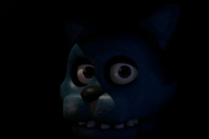 Up close photo of character Bonnie from Five Nights at Freddy's video game.