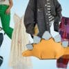 Collage of different fashion accessories including lace dress, green pants, dinosaur purse, denim jacket, patchwork pants, and boots.