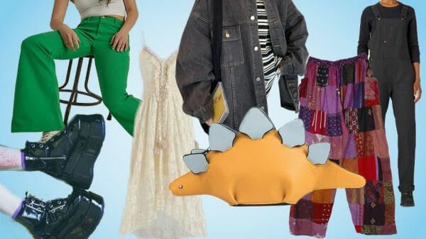 Collage of different fashion accessories including lace dress, green pants, dinosaur purse, denim jacket, patchwork pants, and boots.