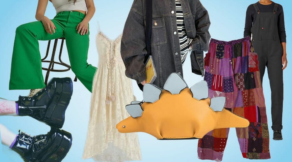 Collage of different fashion accessories including lace dress, green pants, dinosaur purse, denim jacket, patchwork pants, and boots.