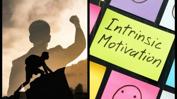 The image is spliced in half, on the left there are two silhouettes under a sunset. One is punching the air, the other is climbing up a hill. On the right there is a sticky note with 'Intrinsic Motivation' written on it.