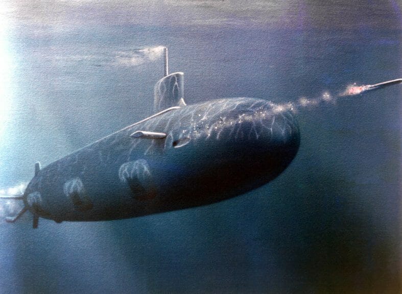 Underwater submarine painting with harpoon shooting from submarine.