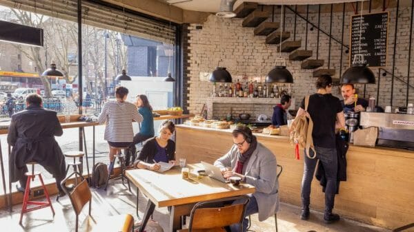 London coffee shop with people inside