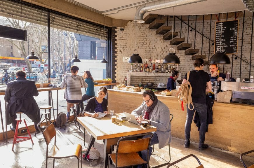 London coffee shop with people inside