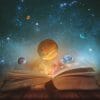 A picture of planets floating above an open book.