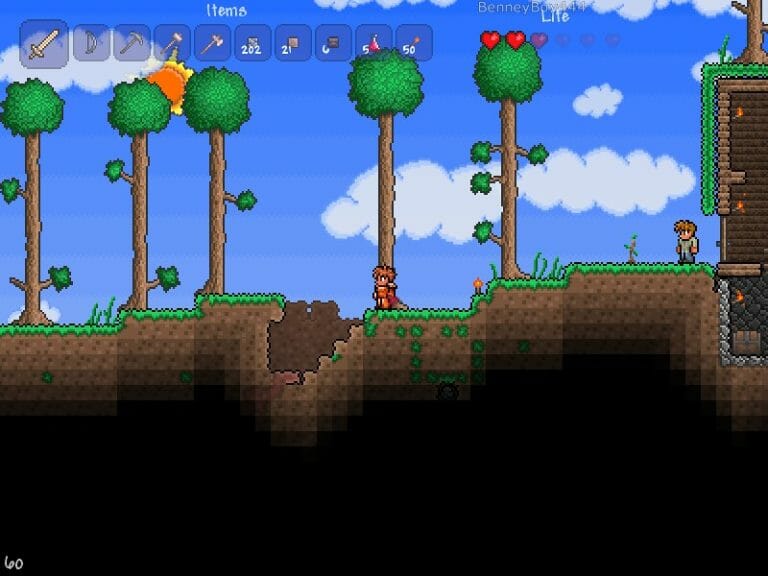 Two pixelated people walking through pixelated world with trees and grass in Terraria video game.