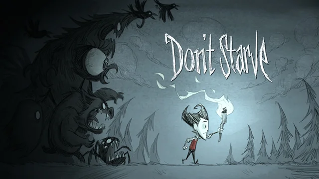Person from Don't Starve video game walking away from darkness and monsters with torch in hand and the words "Don't Starve" above his head.