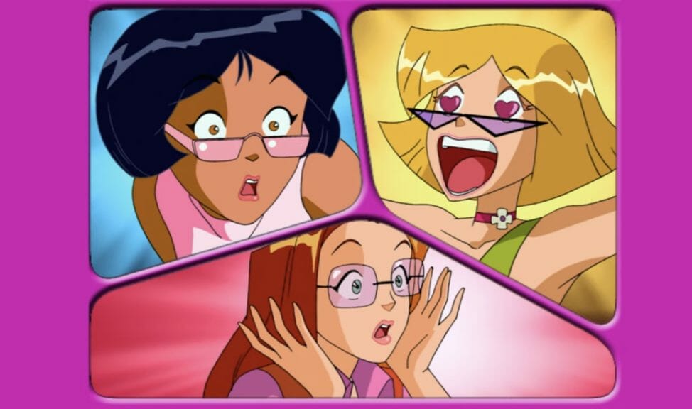 All the girls are drawn with close-ups on their faces. Alex is drawn on the top left, Clover is drawn on the top right and Sam is drawn at the bottom. Alex and Sam look surprised and Clover is depicted with excited heart eyes. 