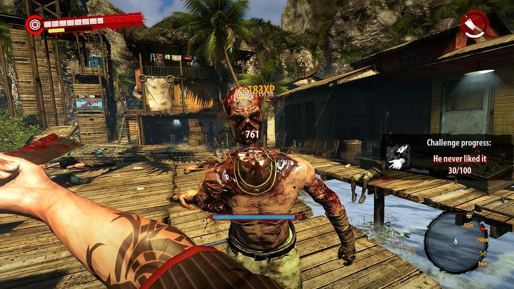 Person fighting zombie in video game called dead island. 