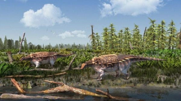 Scientists from Britain's National History Museum have unearthed fossils of a remarkable dinosaur species known as Vectipelta barretti. This newly-identified dinosaur was found on the Isle of Wight, located off the southern coast of England. An accompanying illustration vividly portrays the distinct features of this remarkable creature.