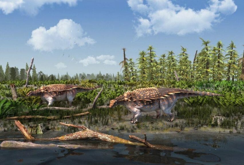 Scientists from Britain's National History Museum have unearthed fossils of a remarkable dinosaur species known as Vectipelta barretti. This newly-identified dinosaur was found on the Isle of Wight, located off the southern coast of England. An accompanying illustration vividly portrays the distinct features of this remarkable creature.