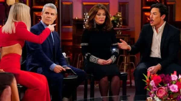 Ariana Madix, Andy Cohen, Lisa Vanderpump and Tom Sandoval during the “Vanderpump Rules” reunion. (Bravo/Nicole Weingart/Bravo)