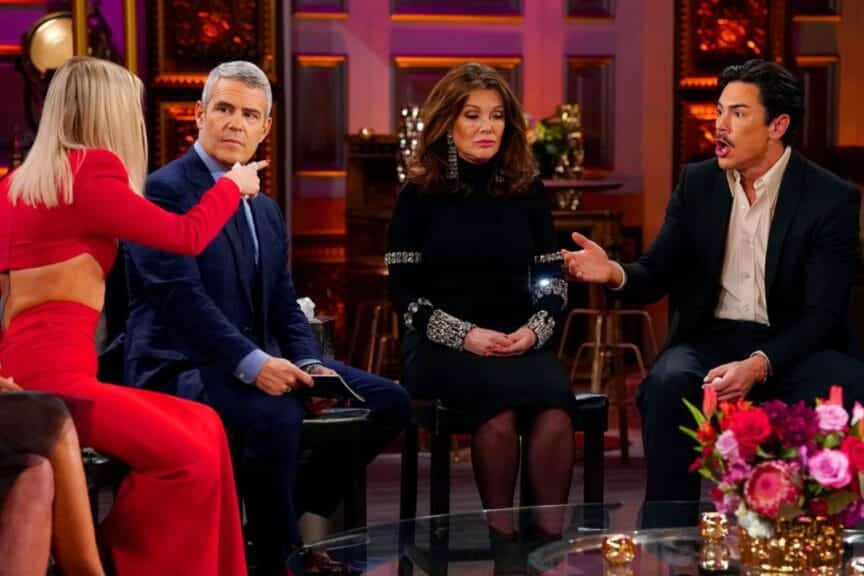 Ariana Madix, Andy Cohen, Lisa Vanderpump and Tom Sandoval during the “Vanderpump Rules” reunion. (Bravo/Nicole Weingart/Bravo)
