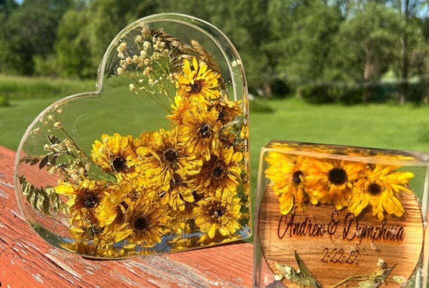 Preserved wedding flowers cast in resin. 