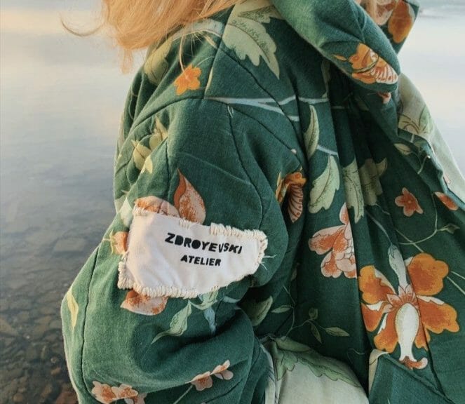 Green quilt hand sewn puffer jacket with an Zdroyevski Atelier patch sewn on the arm.