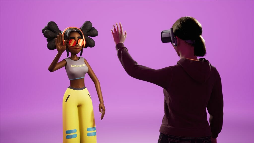 Shutterstock Flabygasted: Girl greeting virtual avatar in the Metaverse while wearing a virtual reality headset. 3D Rendering 
