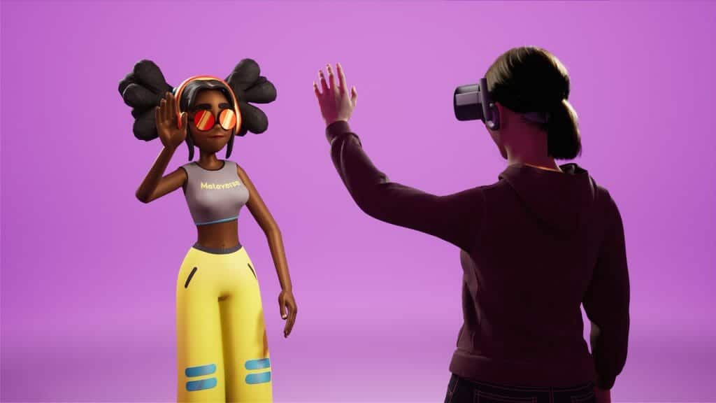 Shutterstock Flabygasted: Girl greeting virtual avatar in the Metaverse while wearing a virtual reality headset. 3D Rendering 